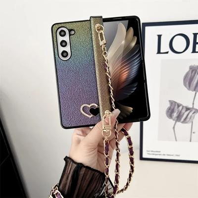 Husă de telefon cu sclipici colorată, cu lanț de șnur, pentru Samsung Galaxy Z Fold 5 Fold4 Fold3 Z Flip5 Flip4 Flip3 Love Heart, husă subțire rezistentă la șocuri