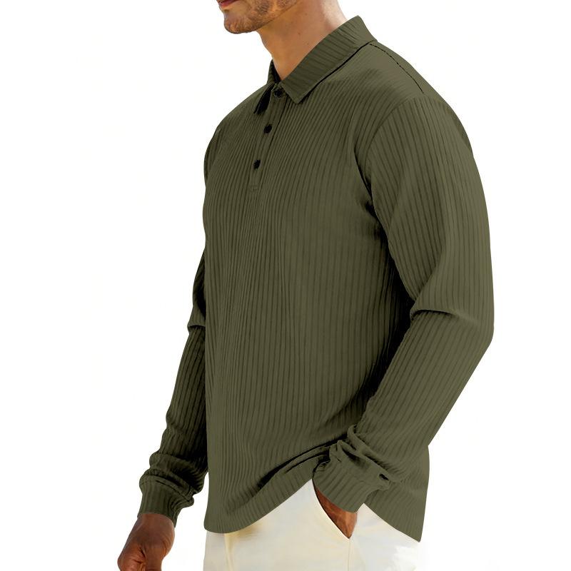 Mens Loose Turn Down Collar Long Sleeve Casual Business Solid Polo Shirt