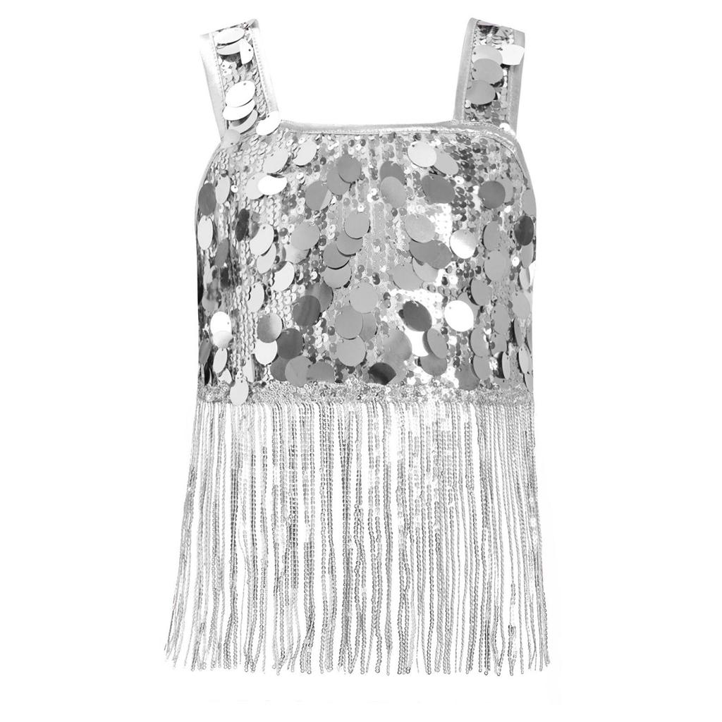 Dívčí taneční crop top se širokými ramínky a třásněmi z lesklých flitrů pro jazzové párty vystoupení