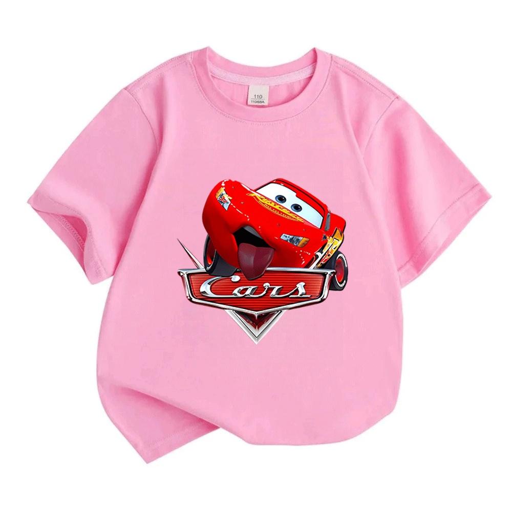 Kids Boys Girls 100% Cotton Crew Neck Short Sleeve T-Shirt, Funny Cute Red Racing Car Cartoon Print Casual Breathable Summer Tee Children Daily Wear