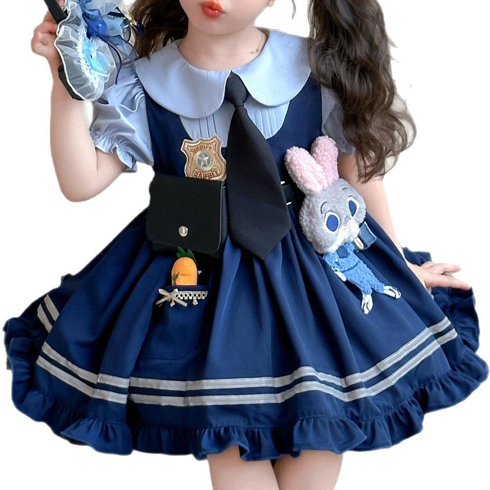 Judy Officer Costumes Short-Sleeved Lolita Dress Girls Halloween Carnival Zootopia Rabbit Cosplay Fancy Dress Birthday Gift 100