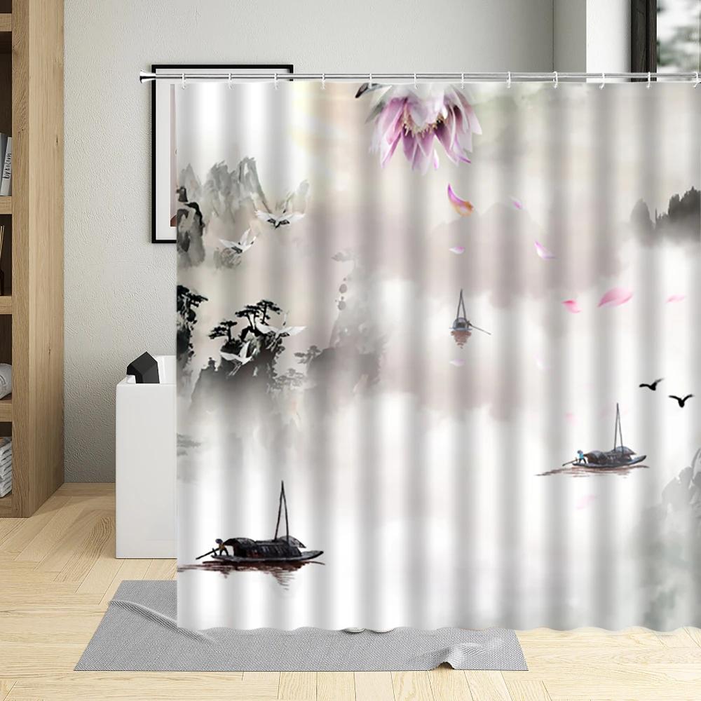 Chinese Style Shower Curtain Ink Painting Mountain Bird Flower Plant Bamboo Scenery Bathroom Hanging Curtain Set Polyester Cloth