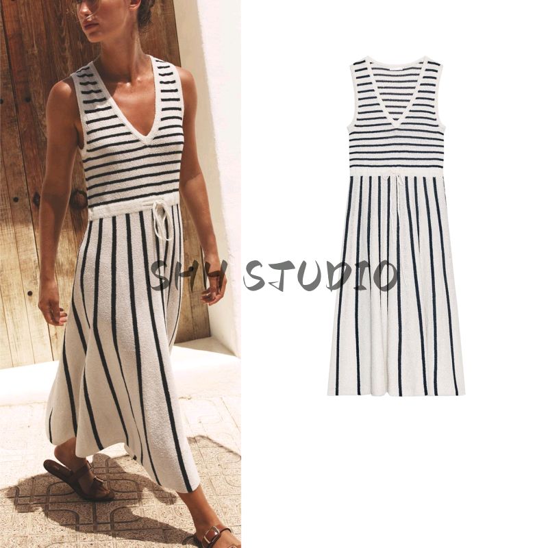 Summer New Product Women's Clothes V Neck Sleeveless Straight-leg Hem Stripes Patchwork Cut Knitting Dress 8779633