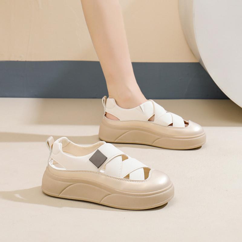 Trendy Casual Single Shoes 2024 Summer New Cross Strap Breathable Hollow Thick Sole Versatile Daily Women's Vulcanized Shoes
