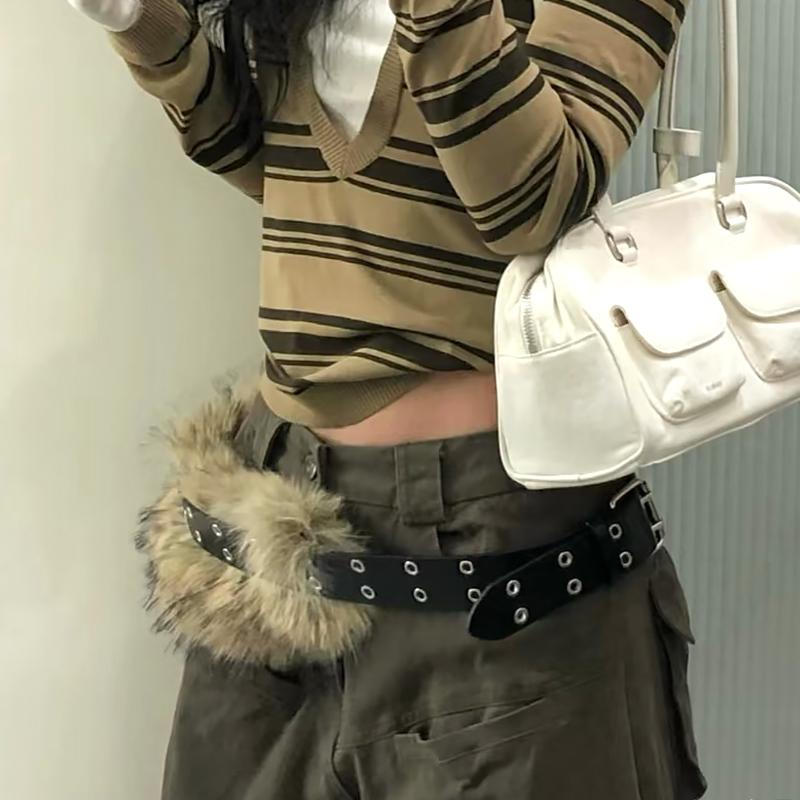 1 Peça Cós de Vaca Peludo para Boate Corrente de Cintura de Pelúcia Cinto Punk de Inverno Y2K Contas de Metal Vintage Peludo Sexy Cintos de Pele Sintética Moda
