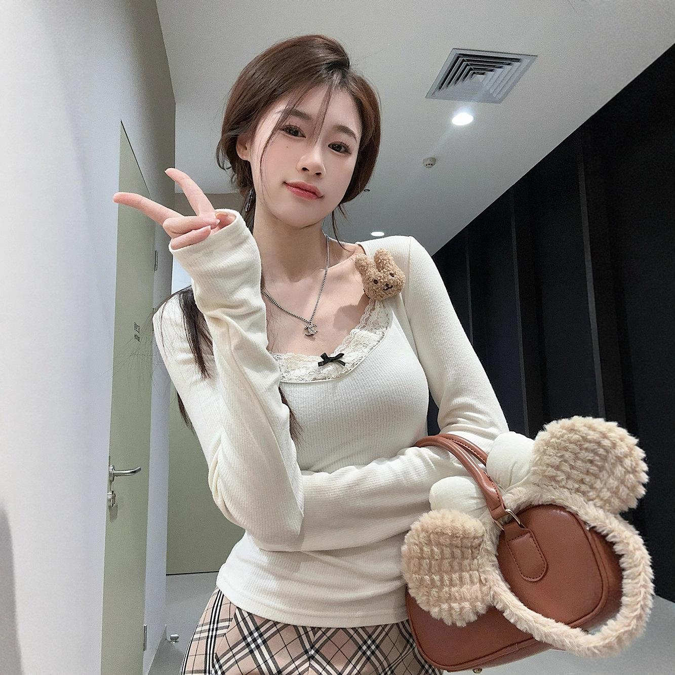 

Sweet lace splicing gray knitted sweater T-shirt women s autumn and winter inner fit slim-fit short chic shirt one size fits all
