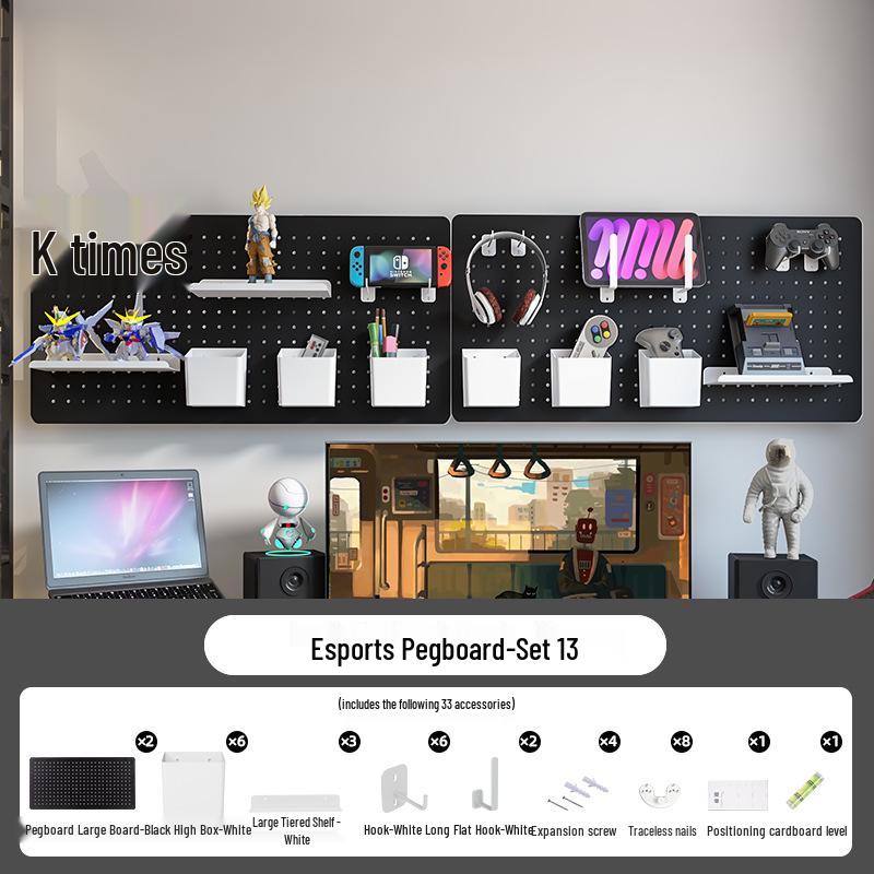 Esports Gaming Desk with Pegboard Wall Organizer and Equipment Rack