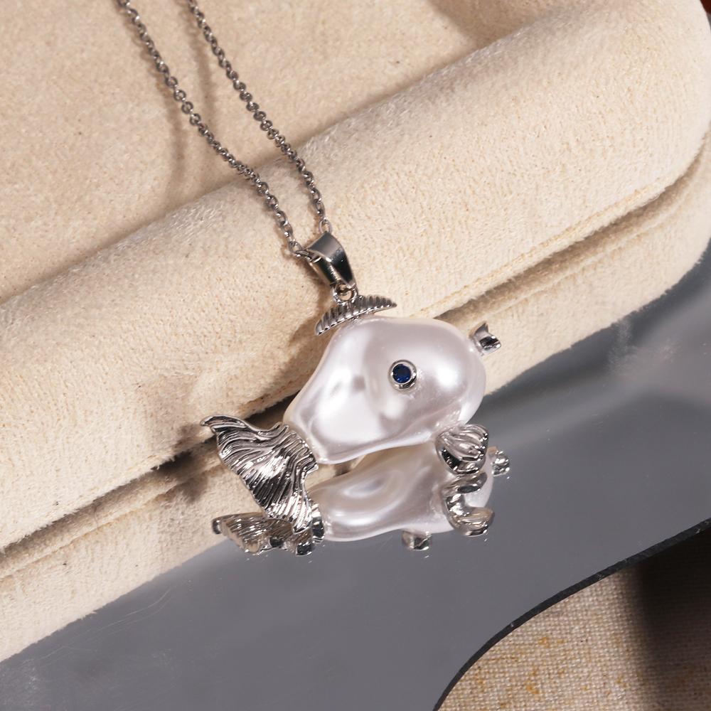 Stainless Steel Chain Ocean World Clownfish Necklace White Pearl Headfish Pendant Accessories Clavicle Chain Women's Gift