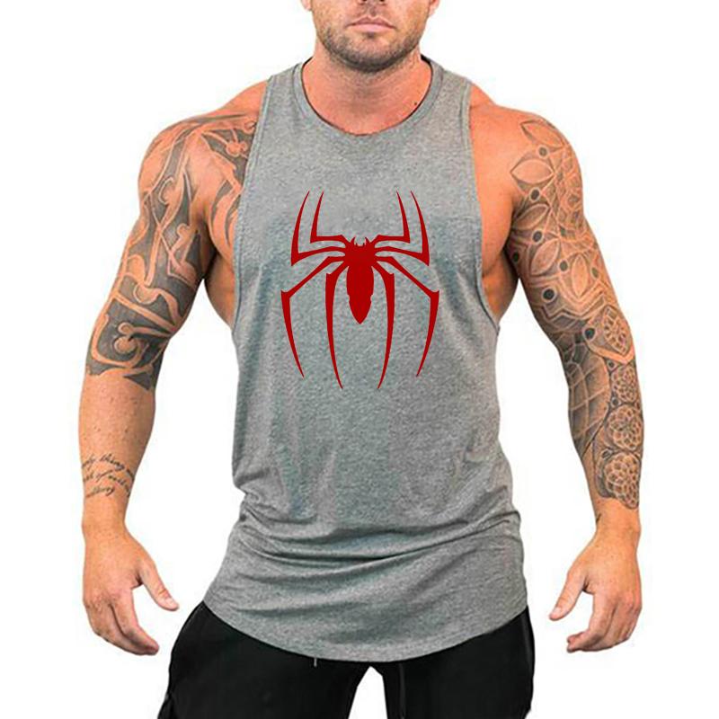 Muscleguys Red Spider Printed Running Vests Mens Gym Tank Tops Cotton Breathable Fitness Sleeveless T-Shirt Bodybuilding Training Clothing