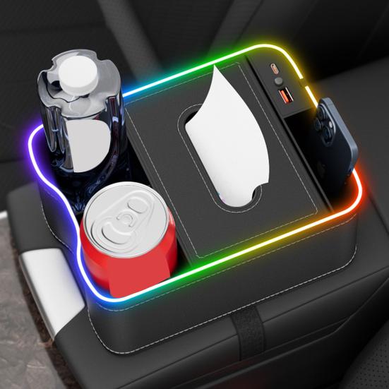 Scatola portaoggetti per bracciolo auto con porte di ricarica, luci LED multi-modalità, design ad alta capacità, organizer per console auto, custodia porta fazzoletti