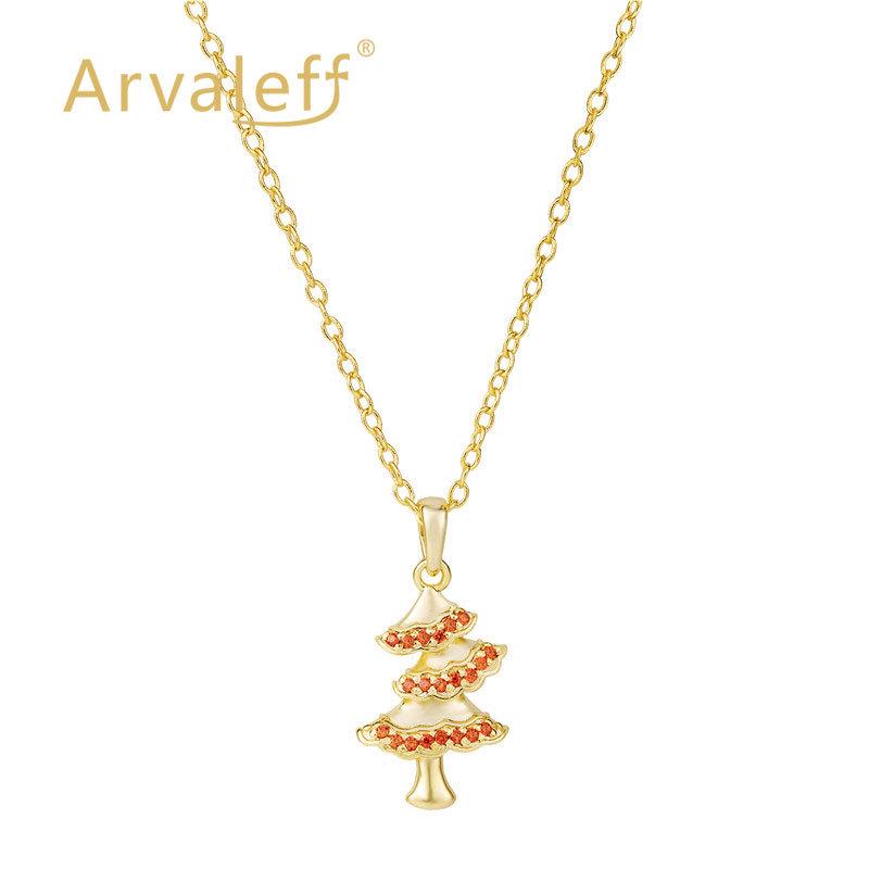 Arvaleff S925 Sterling Silver Christmas Tree Necklace with 14k Gold Zircon Clavicle Chain