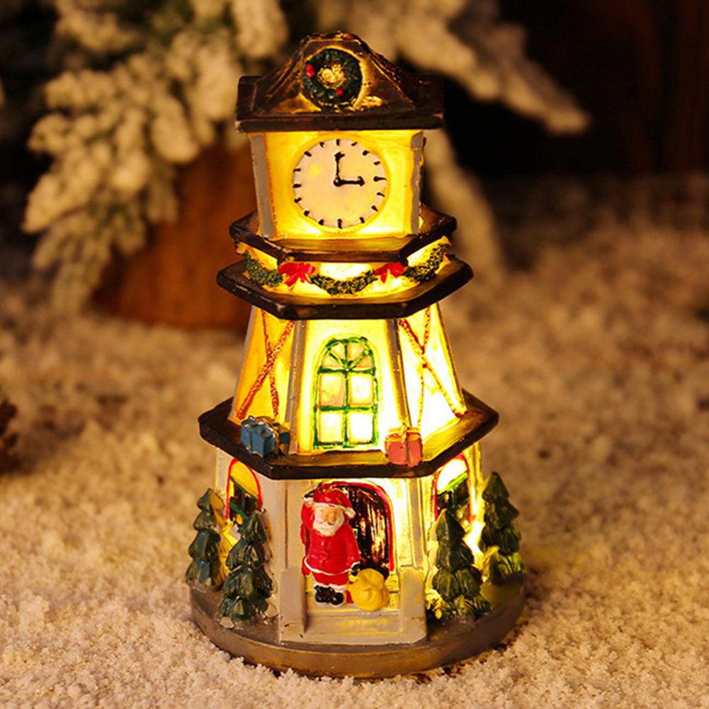Lighted Decorative Christmas Village Clock Tower Ornament with LED Illumination for Festive Desktop Presentation