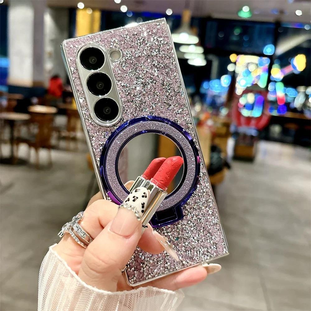 Luxurious Fashion Glitter Mirror Stand Magnetic Phone Case for Samsung Galaxy Z Fold 7 6 5 6 4 Plating Bling Diamond Back Cover