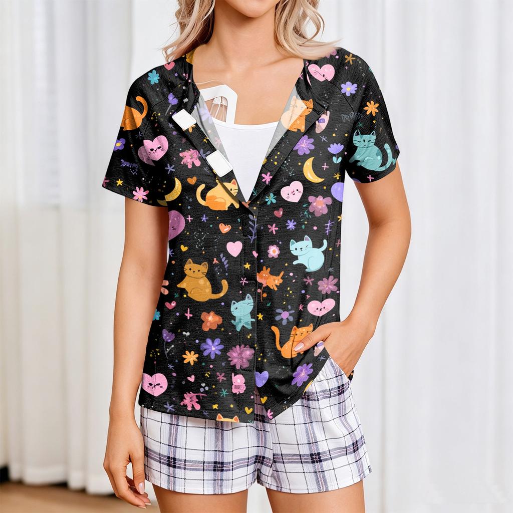 Damen Post-OP Kurzarmhemd Vier Taschen Knopfleiste Cartoon-Print Bequeme Passform Medizinische Genesungs-Top