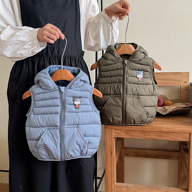 Nové dětské oblečení s kapucí a kreslenými uši, lehká bavlněná vesta, dětská bezrukávová bunda, kabát pro chlapce a dívky