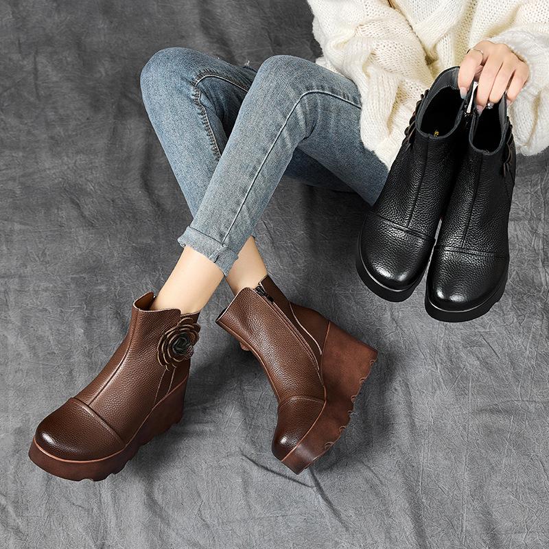 Fashion Top quality 8CM Women Winter Warm Plush Boots National Style Flower Retro Handmade Wedges Height Increasing Platform Ankle Boots