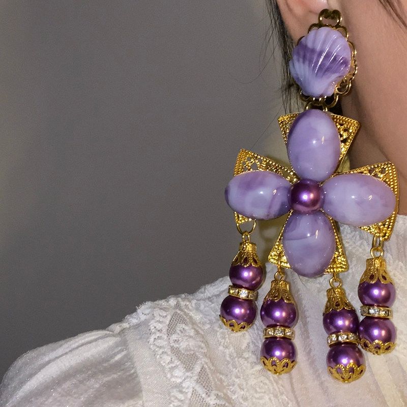 

Fashion Elegant Purple Flower Cross Catwalk Earrings Purple Flower Earrings 925 Silver Needle