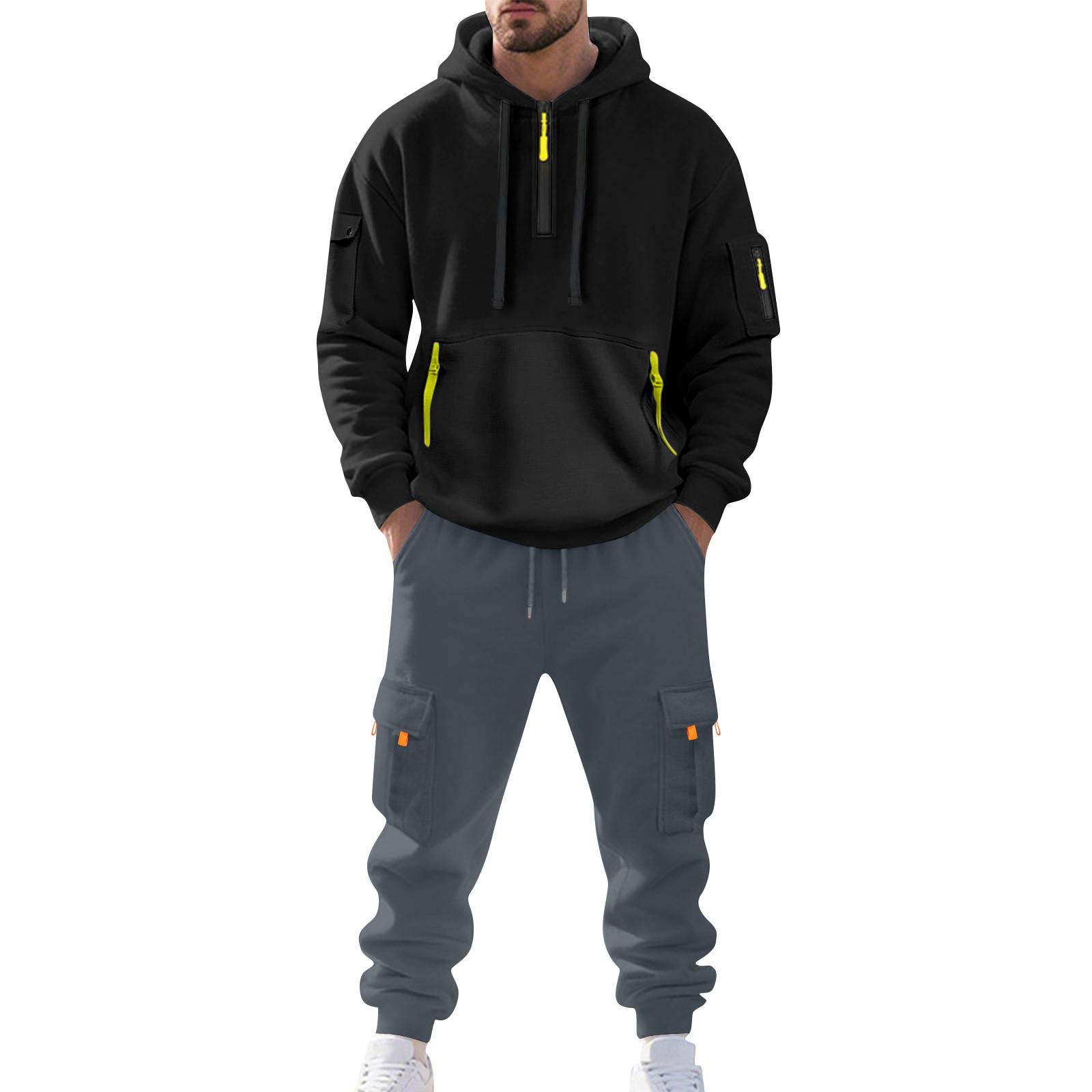 

Мужской однотонный повседневный костюм, свободная спортивная толстовка с капюшоном и карманами, комбинезон с несколькими карманами L чёрный
