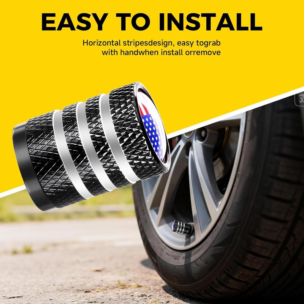 Tire Valve Stem Caps - (5 Pack), Metal Valve Stem Caps with Plastic Liner Corrosion Resistant, n Flag Tire Air Caps for Cars Trucks Suvs Motorcycles