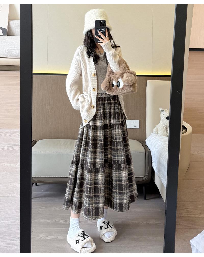 Vintage Plaid Wool A-line Skirt for Women - High Waist, Mid-Length, Autumn/Winter 2025 Collection