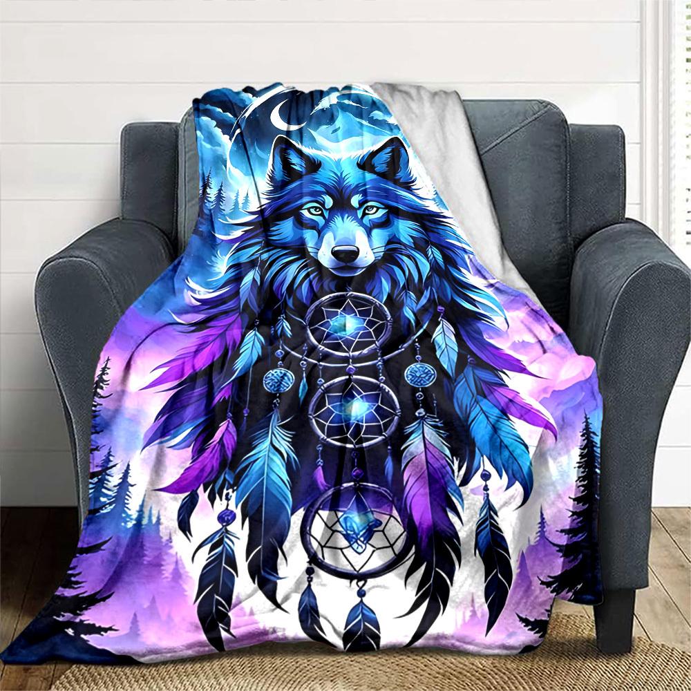 1pc Wolf Dreamcatcher Throw Blanket Soft Flannel, Cozy All Season Polyester Perfect for Home, Office