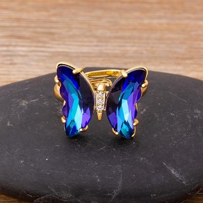 Nidin New Fashion Design Gorgeous Butterfly Ring Sweet 10 Colors Transparent Crystal Adjustable Rings for Women Party Jewelry