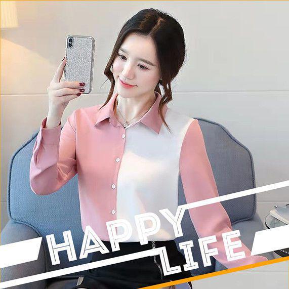 Women's Color Block Long Sleeve Chiffon Blouse - Korean Style, Spring/Autumn Versatile Loose Top