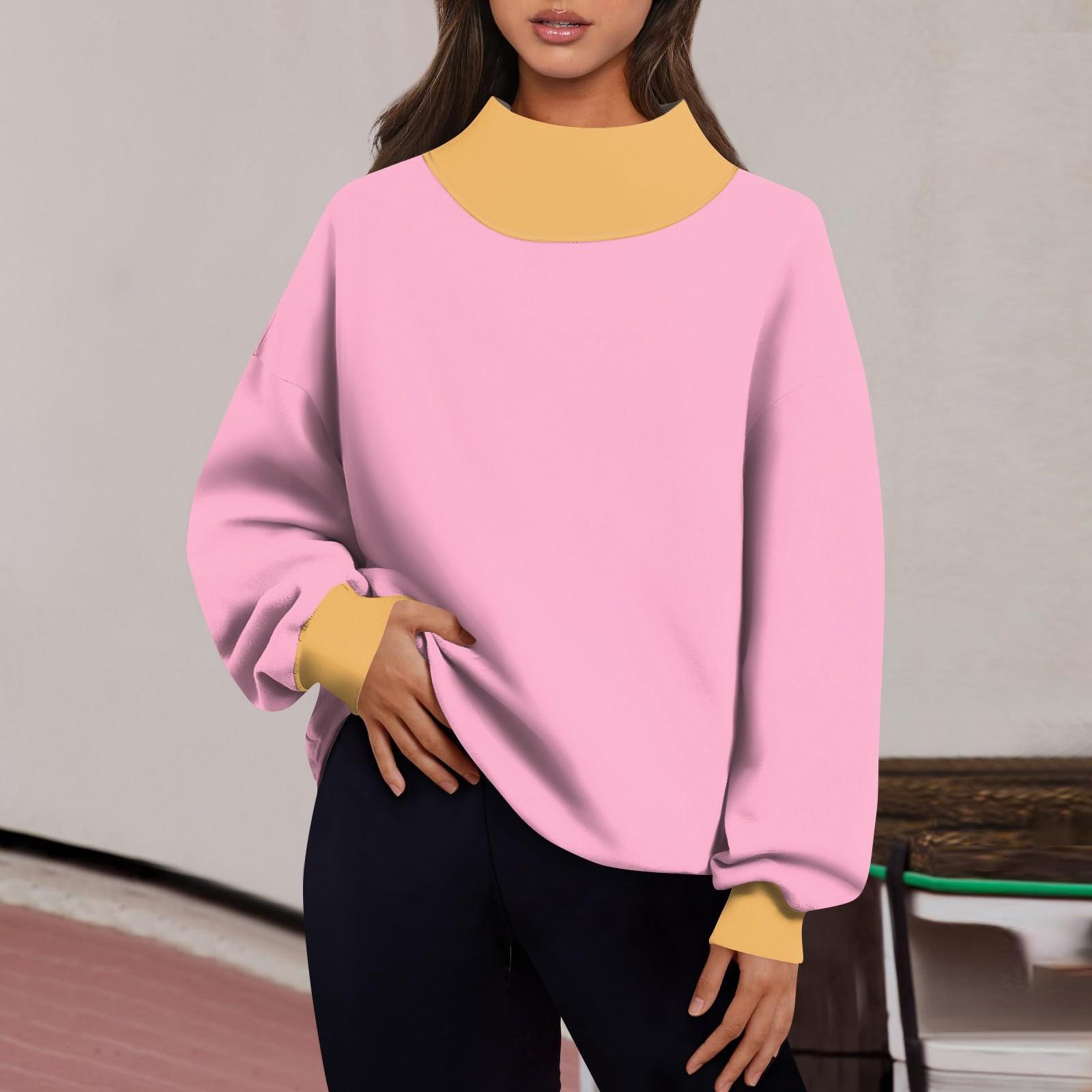 

Женская мода с длинным рукавом и цветными блоками, свободная водолазка с разрезом и половиной водолазки, топ XL жёлтый