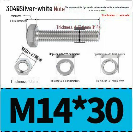 304 Stainless Steel Hex Head Bolt and Nut Set M6-M14, Lengths 8-100mm
