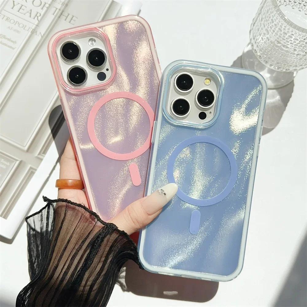 Wasserwellen Schimmernder Glitzer Aurora Laser Handyhülle Für iPhone 16 Pro Max 14 15 Plus 11 12 13 Für Magsafe Magnetische Rückabdeckung