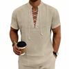 Mens Short Sleeve Lace Up Casual Shirt Lightweight Breathable Fabric V Neck Summer Top Loose Fit Plain Design