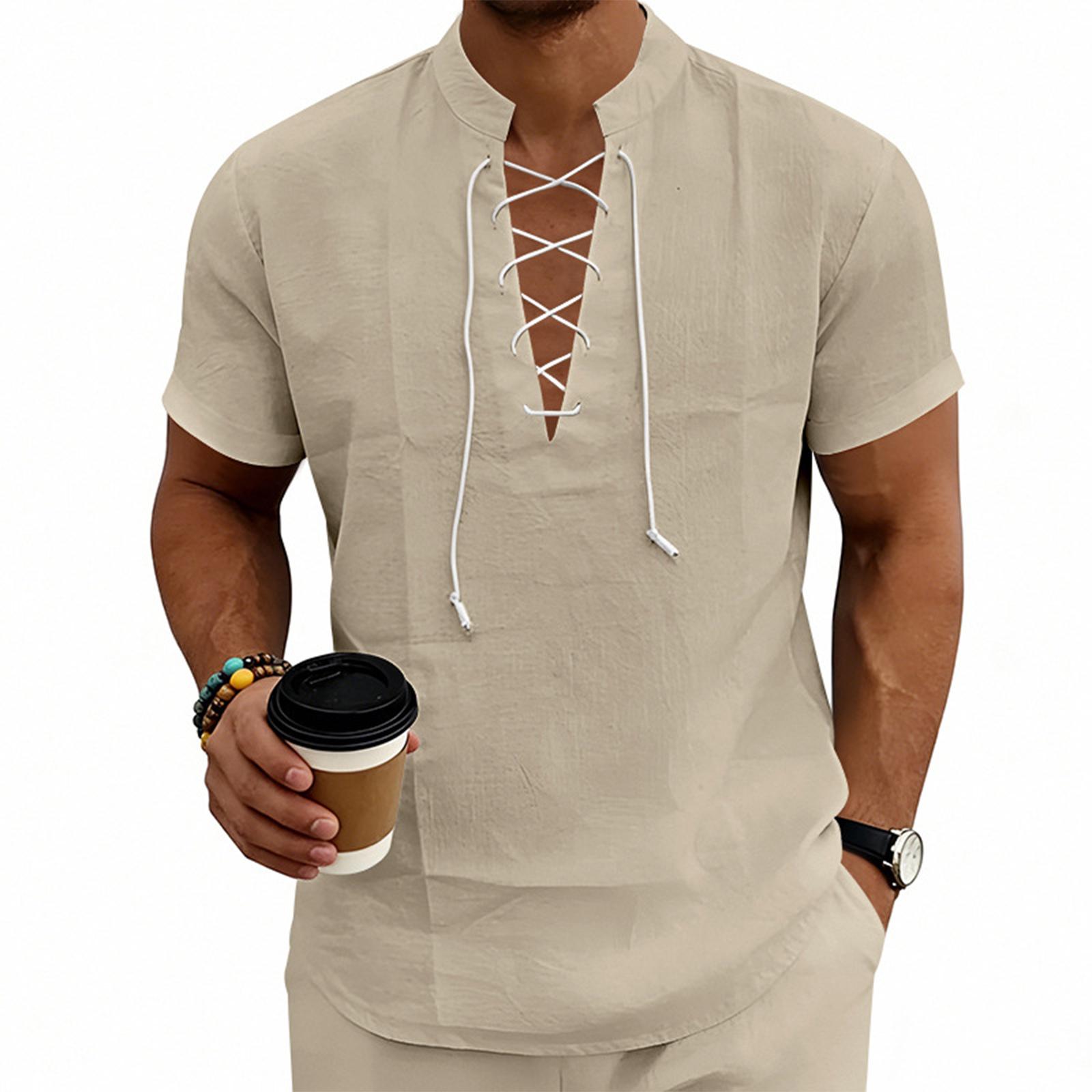 Men s Shirt - Linen Washed Wrinkled Button-down -neck Short-sleeved T-shirt S