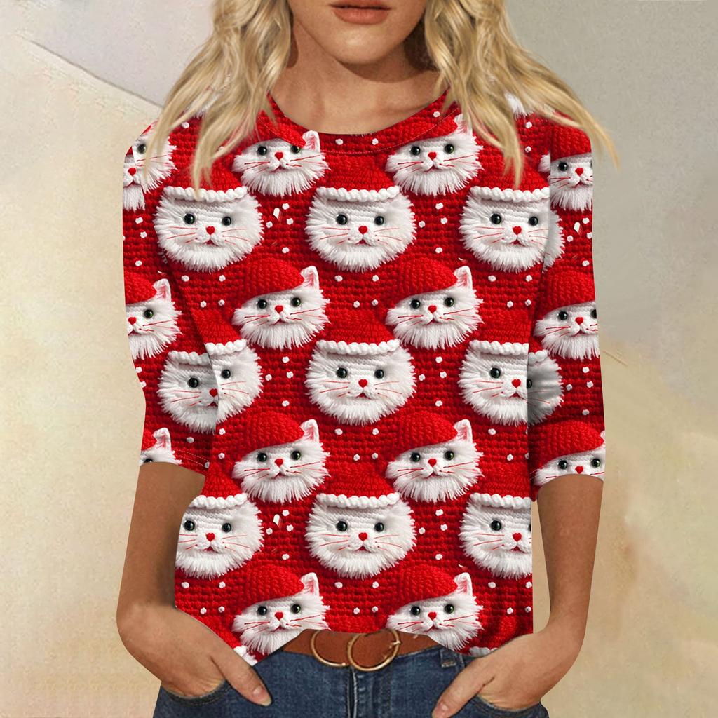 Dámská móda ležérní tričko s kulatým výstřihem, 3/4 rukávem, volným potištěným tričkem, dámský top