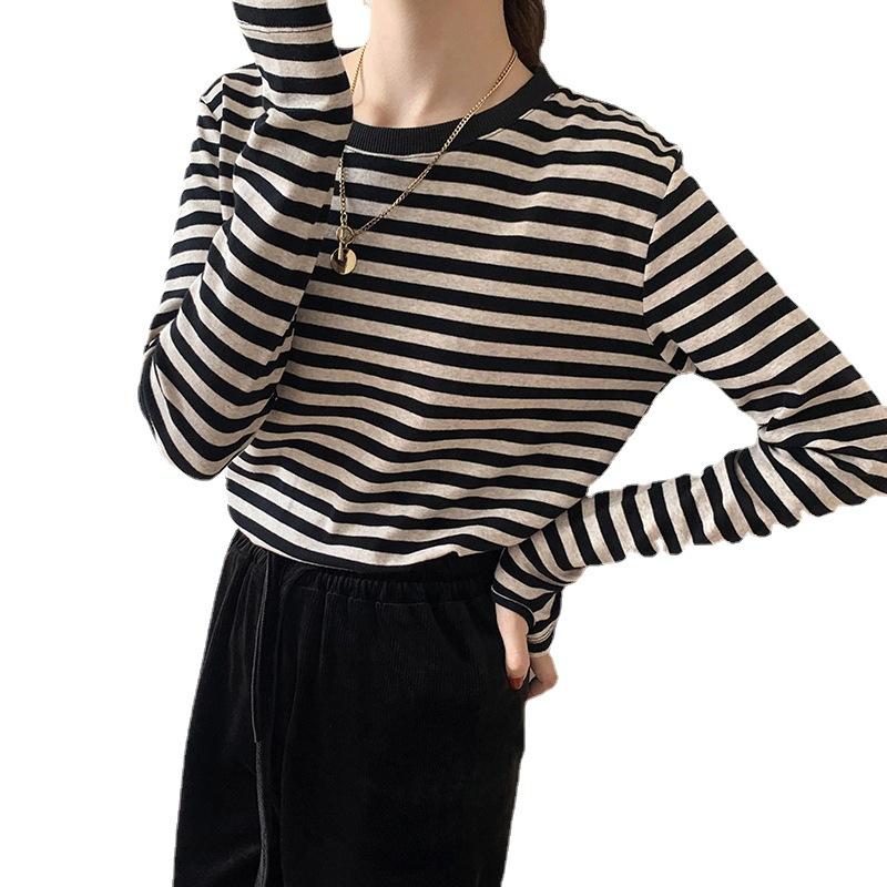 Basic Striped T-shirt Women Multi Colors Casual Cotton Stretchy Long Sleeve Tops Spring Autumn Loose T Shirt
