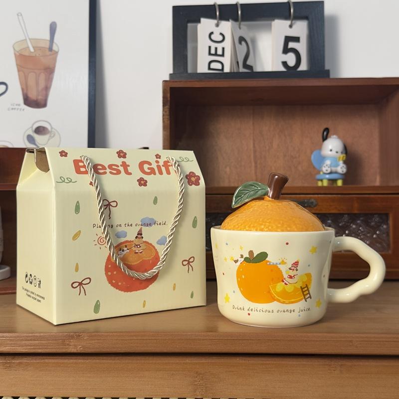 Daji Dali Orange Ceramic Cup with Lid Cute Cat Mug New Year Gift Coffee Cup Office Water Cup