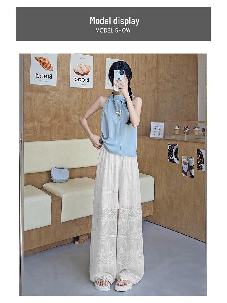 White Summer Lace Jacquard Embroidered Wide-Leg Pants for Tall Women