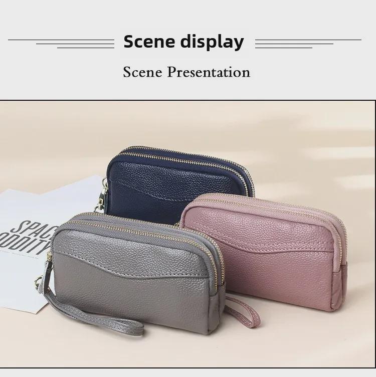 "Europäische und amerikanische Mode echtes Rindsleder lange Brieftasche mit Doppel-Reißverschluss: Damenhandtasche und Handytasche mit großem Fassungsvermögen"