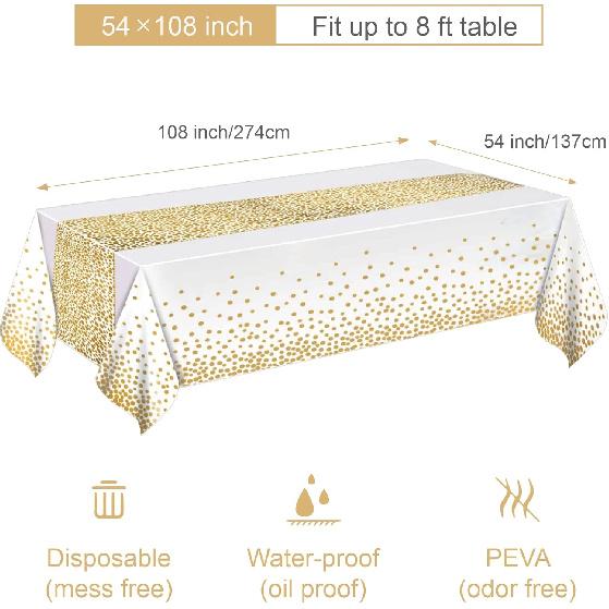 MOLFUJ 54" X 108" White and Gold Plastic Tablecloth for Party, 2 Pack Disposable White Table Cloths for 8ft Rectangular Table, Birthday, Wedding