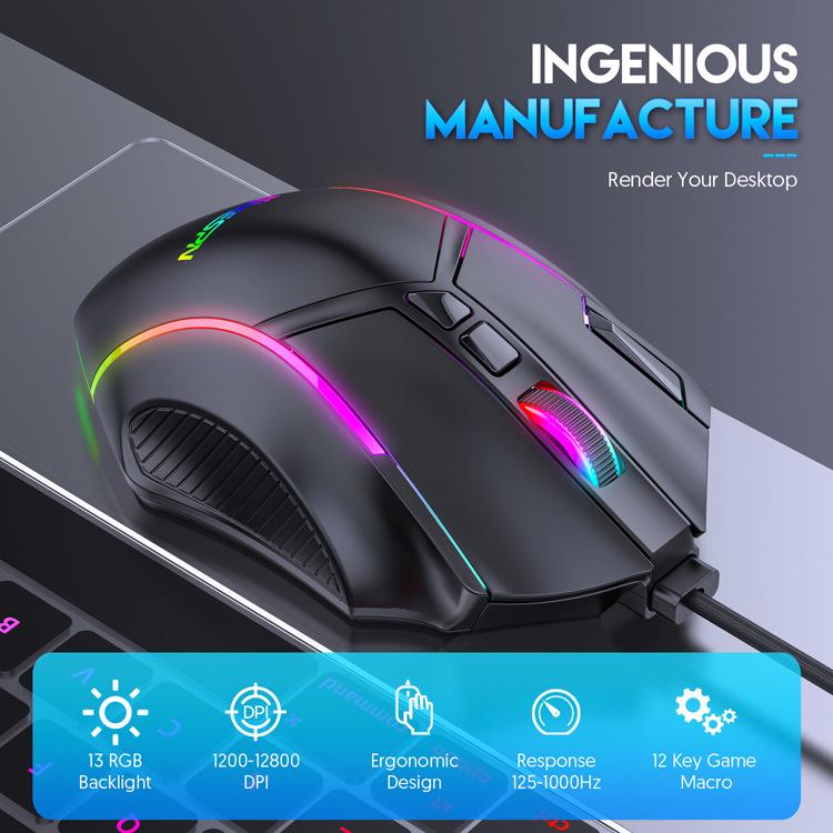 High-Speed 12800DPI RGB Gaming Mouse with 12-Key Macro Definition