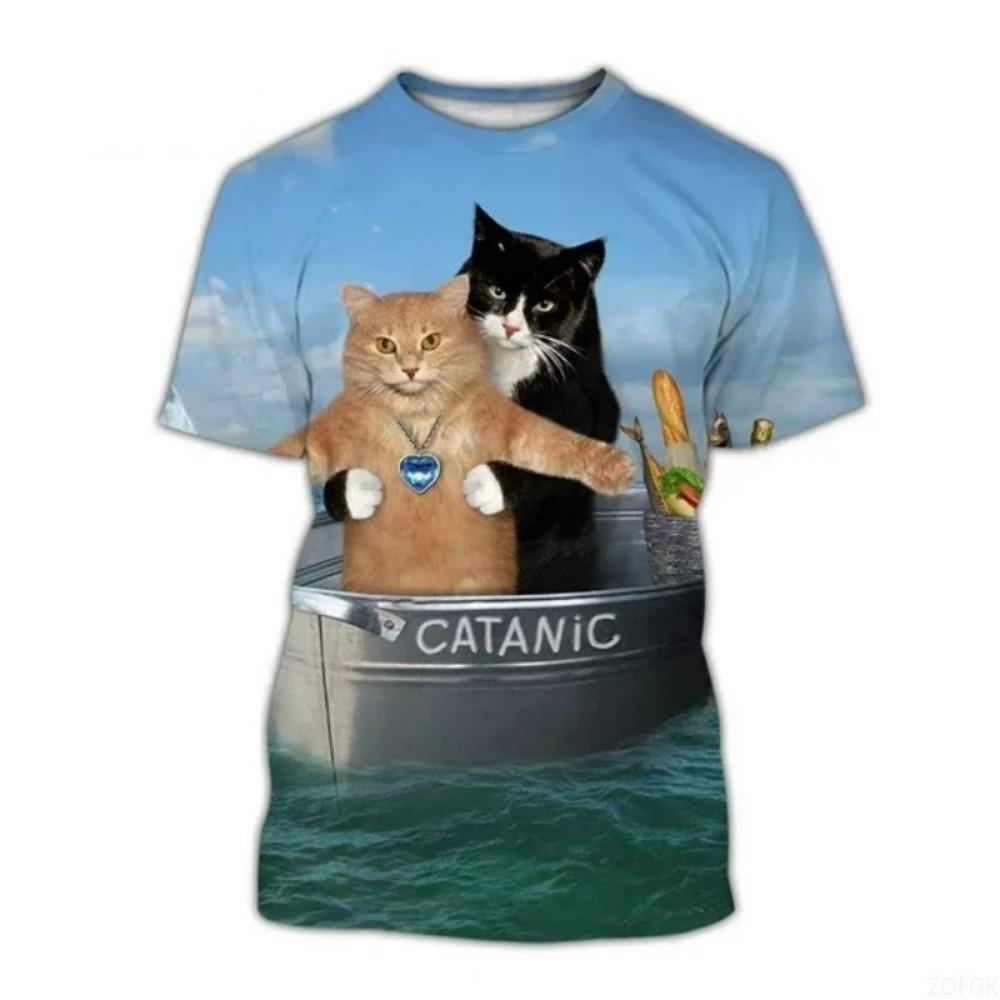 Summer Fashion Funny Street Style Pullover Cute Cat KidsT-shirt Casual Creative 3D Printing Animal Boys T-shirt Girl Round Neck T-shirt