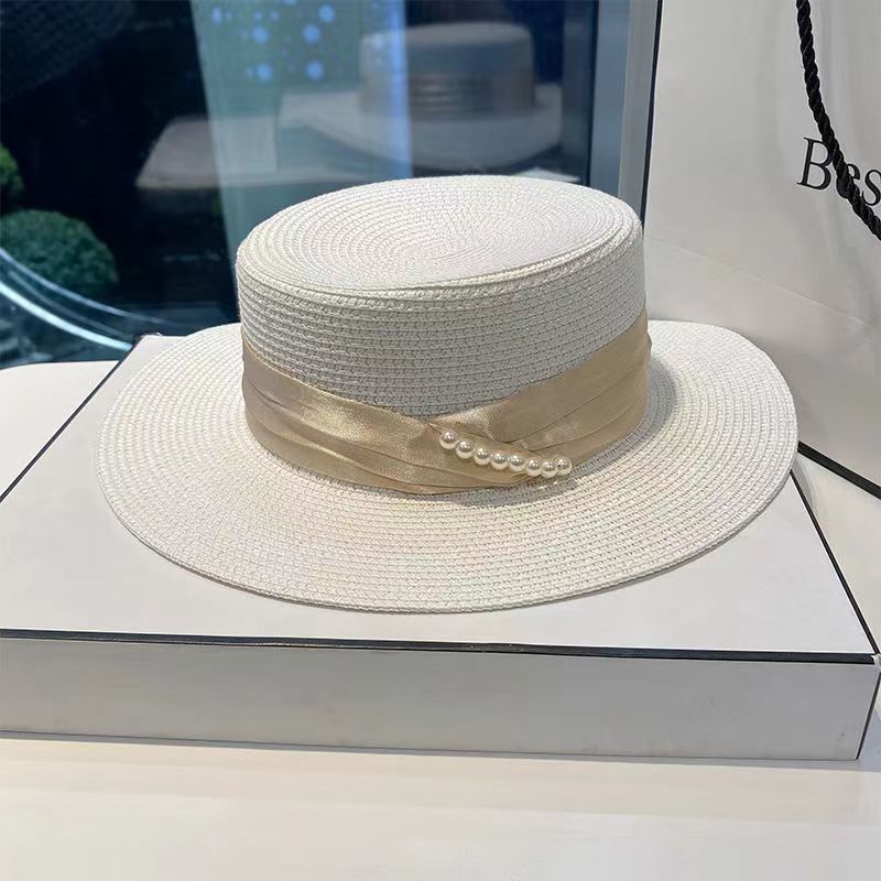 French Celebrity Style Pearl White Top Hat Women Spring and Summer Sunshade Sun Protection Travel Holiday Flat Top Straw Hat Big Brim
