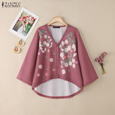 Damen Bluse mit Blumenmuster, V-Ausschnitt, langen Ärmeln, lässig