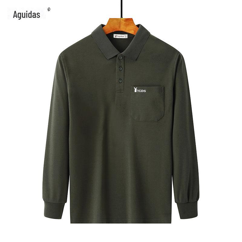 Men's Thick Cotton Long-Sleeve Dad T-Shirt for Spring/Autumn - Loose Fit, Solid Color, Lapel, Real Pocket, Casual Wear for Middle-Aged Men.