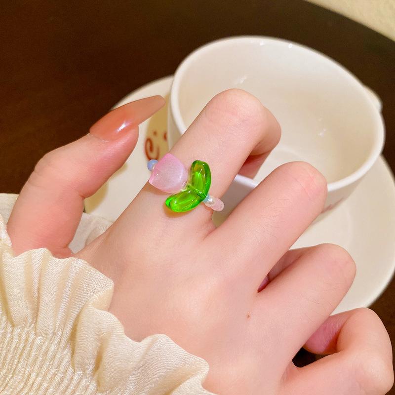 Acrylic flower pearl rhinestone elastic ring women's light luxury high-end sense fashion niche ring versatile jewelry women