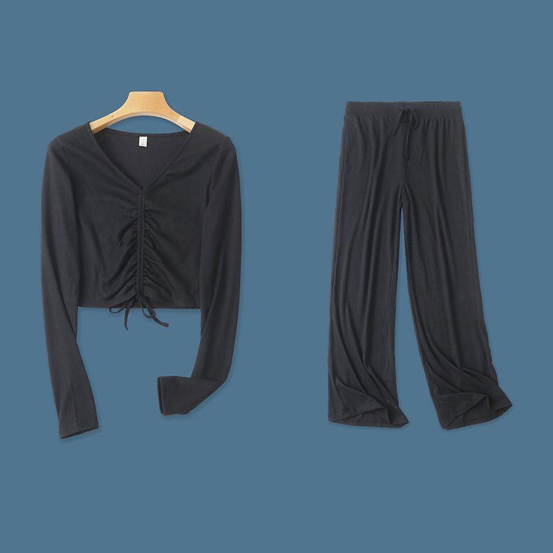 

Вязаный модный костюм весна-осень новый внешнеторговый женский одежда V-образный вырез пуловер длинные рукава футболка + эластичная талия свободные брюки 28849 Black B- 17-8-5 M