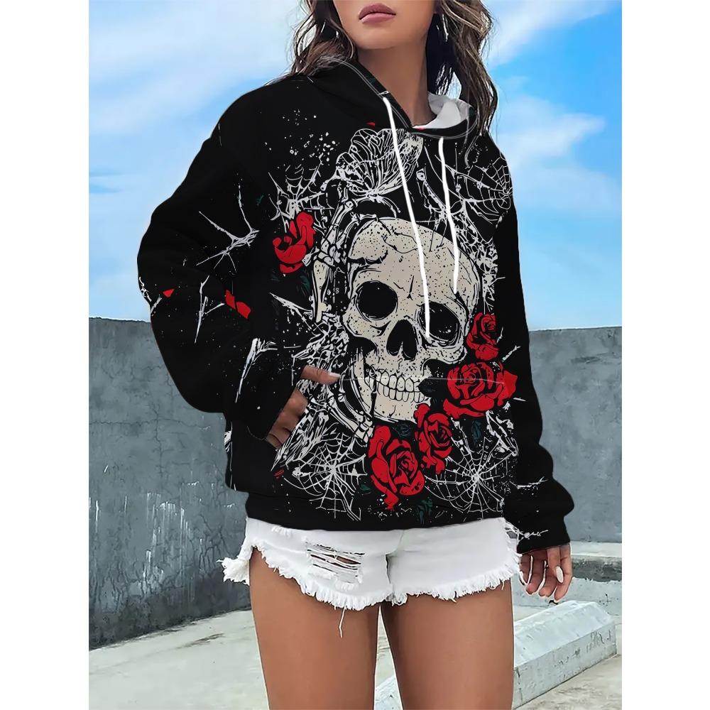 Women's Trendy Skull and Rose Print Sweatshirt, Stylish and Unique Polyester Long-Sleeve Top, Machine Washable, for Casual Daily Wear