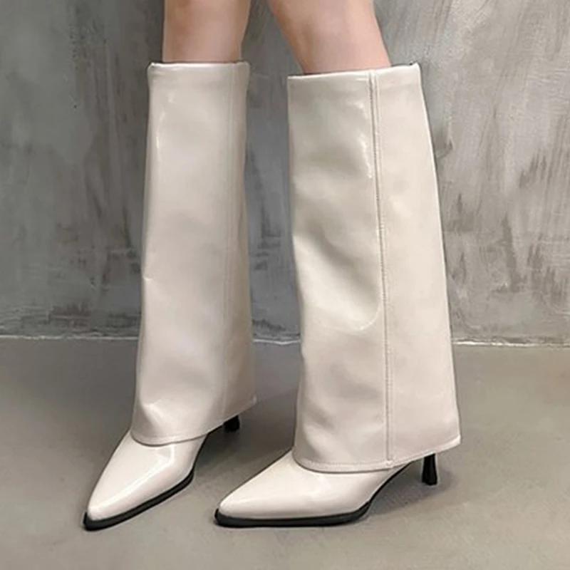 Chunk Leather High Boots Women Knee High Pointed Toe Heels Shoes Woman Trend Chelsea Boots New Pumps Snow Gladiator Botas Mujer