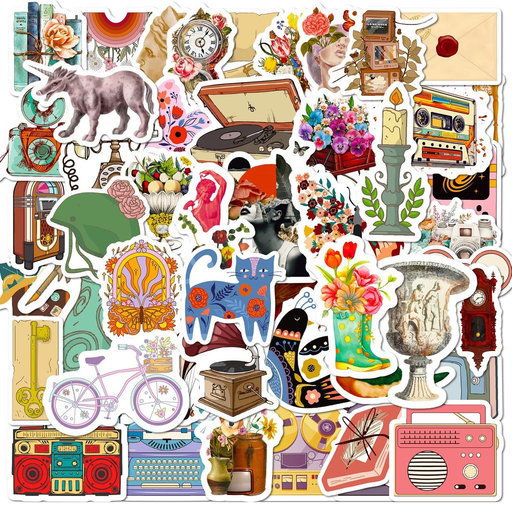 50 Retro Aesthetic Stickers European and American Brown Boho Aesthetic Literary Pattern Stickers