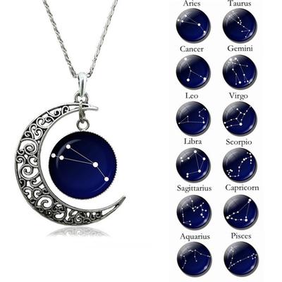Astrologia Znaki astrologiczne Hollow Moon Glass Cabochon Wisiorek Naszyjnik damski