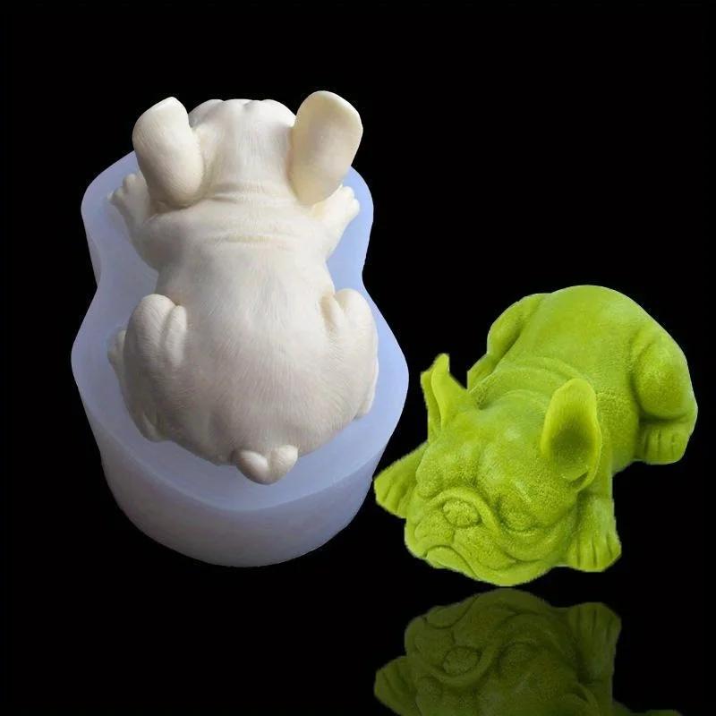 Silicone Mold for French Bulldog Figurine and A Finished Green Resin Bulldog Craft, Perfect for DIY Enthusiasts